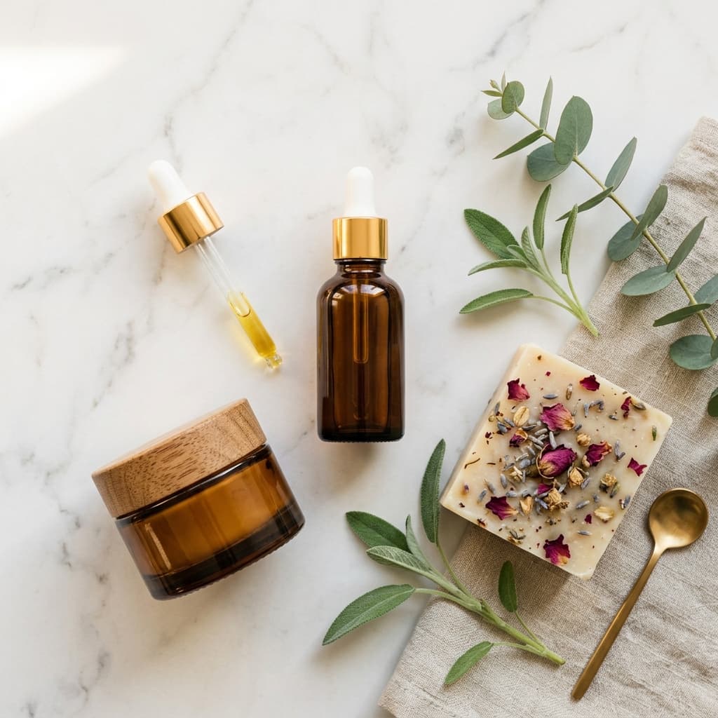 Organic Care product collection — soaps, oils, and creams